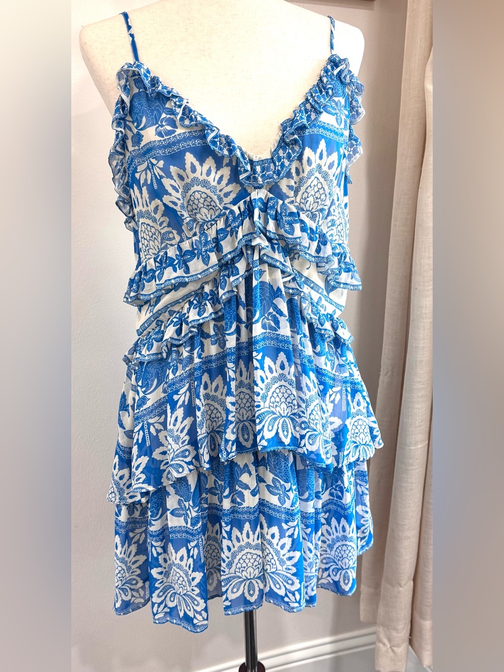 NWT Chelsea & Violet Blue White Ruffle Tiered Resort Dress L